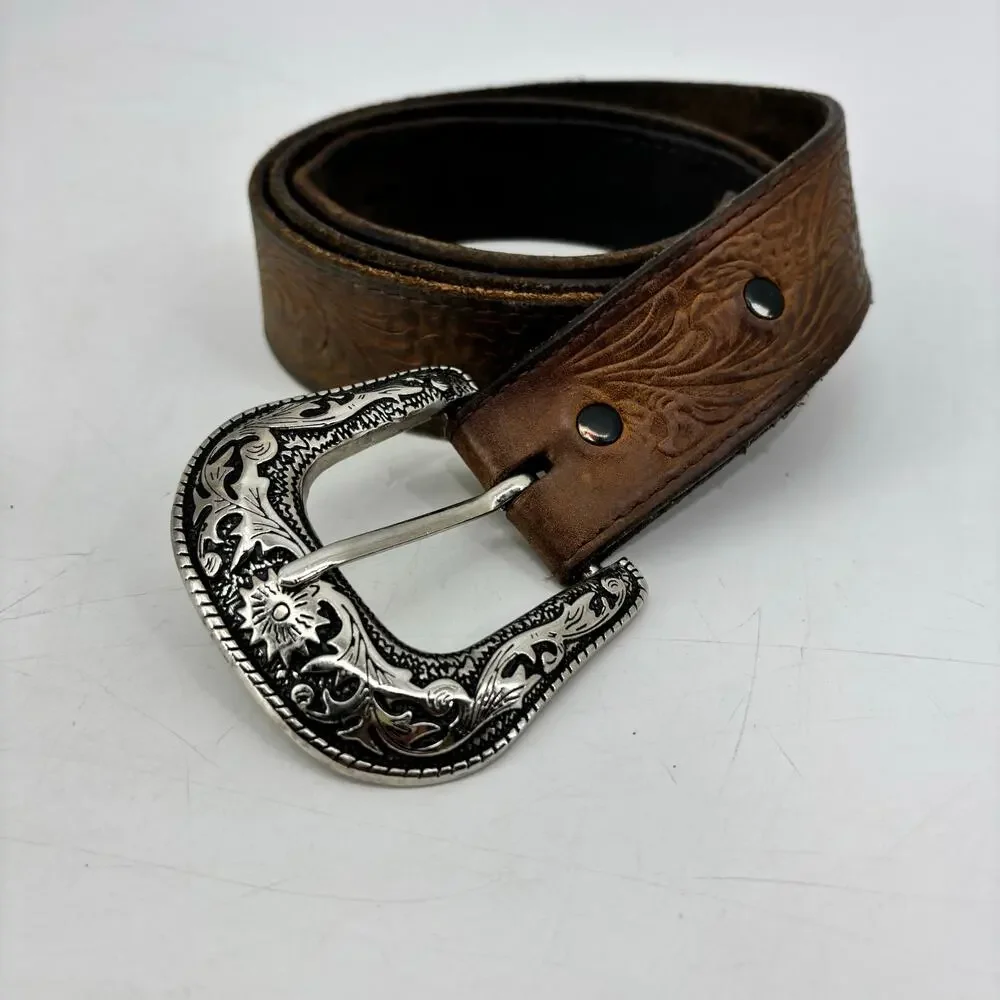 Western Mens Belt Size 34 Distressed Cowboy Brown Leather Silver Buckle